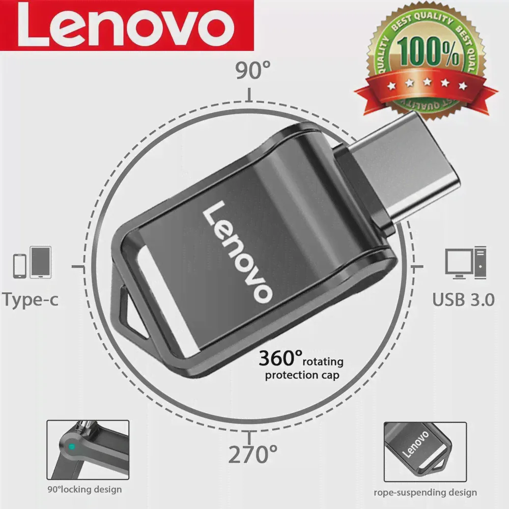 USB Флэш-накопитель Lenovo 2 ТБ Двойного назначения OTG с двойной флэш-памятью Портативный флэш-накопитель Usb 3.0 Type-C Интерфейс Высокоскоростная Передача файлов-0